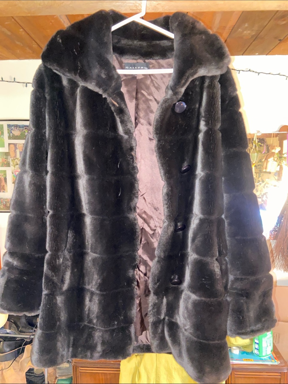 Gallery Black Faux-Fur Teddy Coat with Button Front